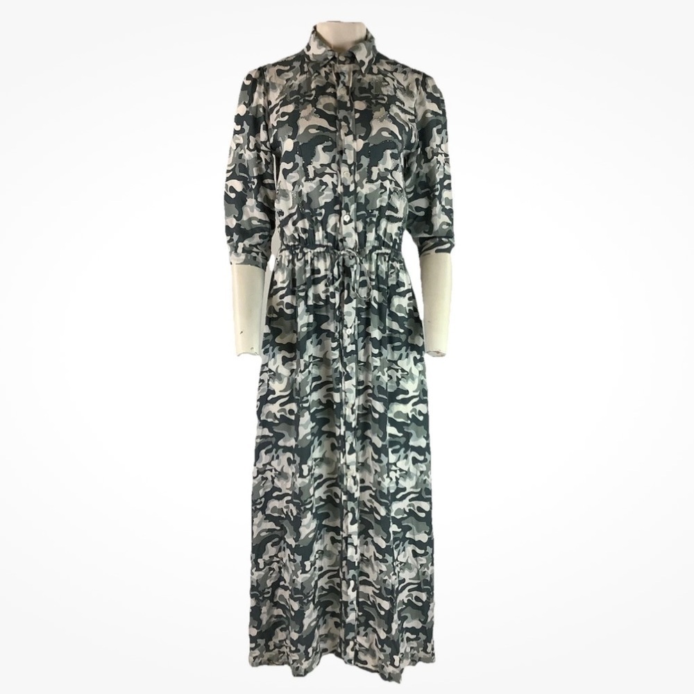 Skemo Sz S Boho Camo Print Beaded Maxi Tunic Dress Gray White Rayon Buttoned
